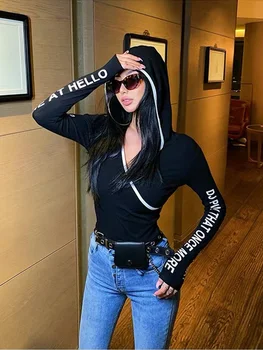 

XIBANI Cross V-neck Hoodie women's short autumn letter Print Long Sleeve slim black and white contrast panel fashion trend top