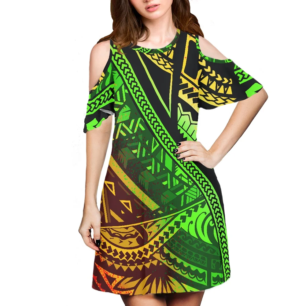 

HYCOOL Gradient Samoan Tribal Cold Shoulder Women Mini Dresses Sexy Dresses Party Night Club Dress 2021 Polynesian Tribal Dress