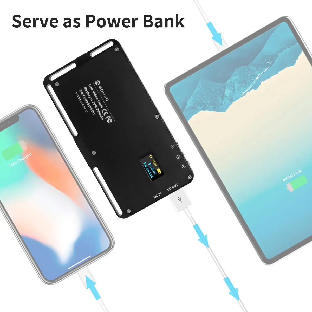 Moman Mini On-camera светодиодный свет с функцией Powerbank 4500 мАч двухцветный 3500 K-5700 K CRI96+ Освещение для съемок