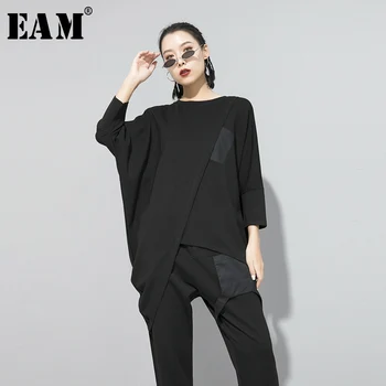

[EAM] Women Asymmetrical Stitch Oversized BlackT-shirt New Round Neck Long Sleeve Fashion Tide Spring Autumn 2020 1S184