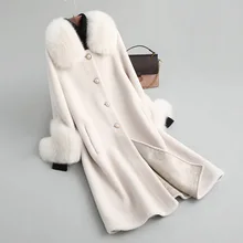 Новинка, зимнее шерстяное пальто с мехом, женское длинное пальто с лисьим воротником, Овечья трава