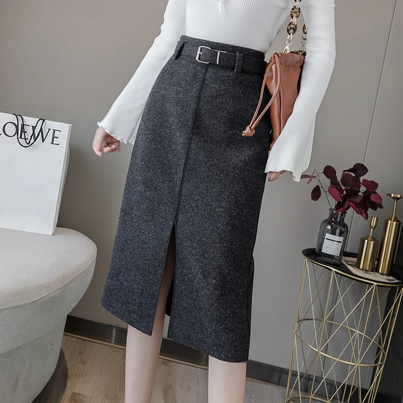 black skirt Ретро Женская высокая талия пояса шерстяная юбка миди обёрточная бумага сплошной цвет Женская одежда Винтаж Мода Jupe Longue Femme Slim - Цвет: black skirt