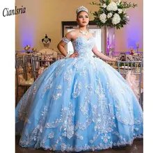 Очаровательное небесно-голубое милое бальное платье без рукавов бальные платья с блестками аппликации Арабский Дубай сладкий 16 Дебютант платья