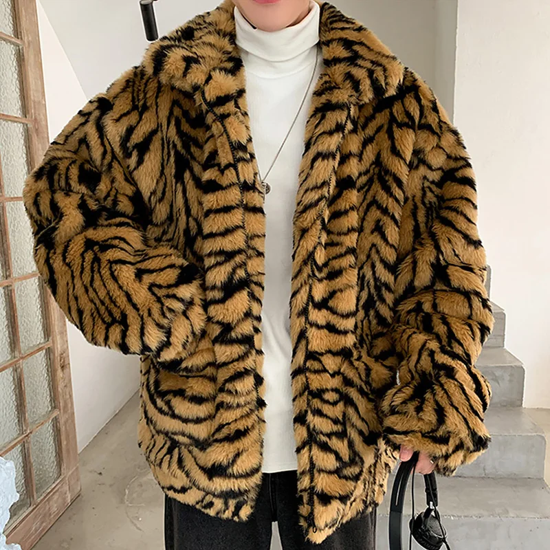 

Faux Fur Tiger Pattern Coat Winter Men Jacket Male Fashion Loose Warm Coat Male Streetwear Thick Outwear Korean Top Dropshipping
