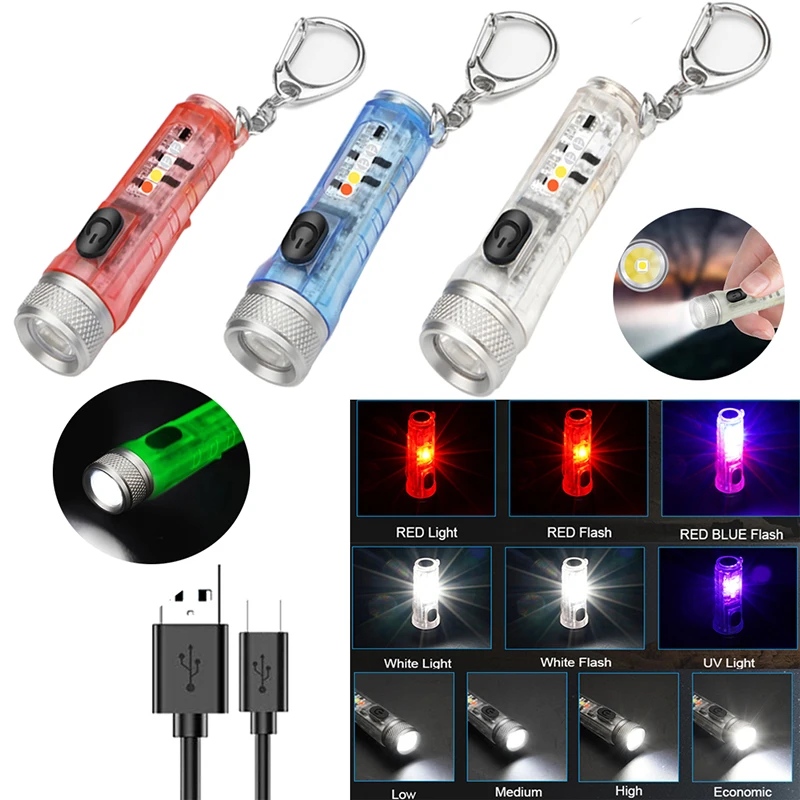 Mini Torch with Buckle UV Red LED Flashlight USB Rechargeable Tactical Keychain Pocket Lamp Waterproof Light for Outdoor Camping |