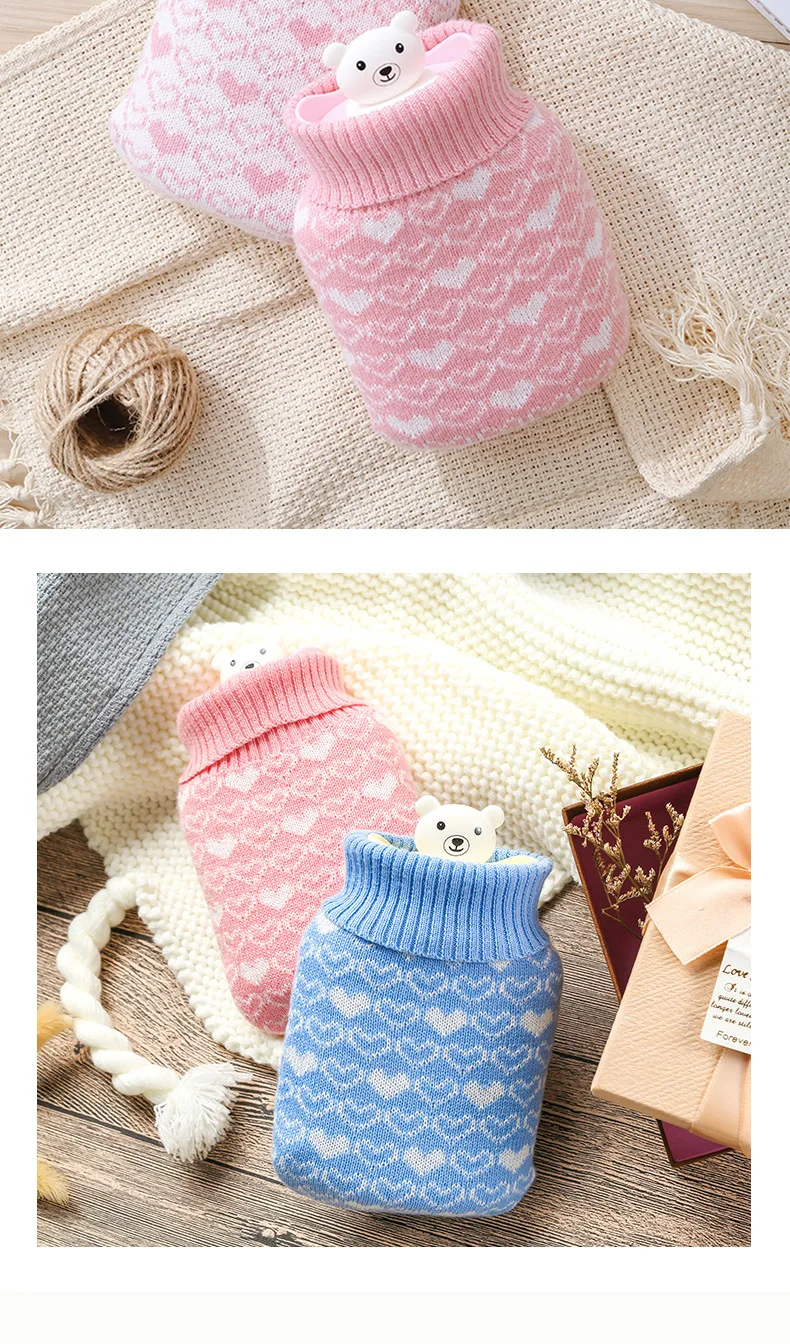 Silicone Hand Warmer With Knit Cover Cartoon Hot Water Bags Injection Storage Bag Tools Cute Mini Hot Water Bottle Portable