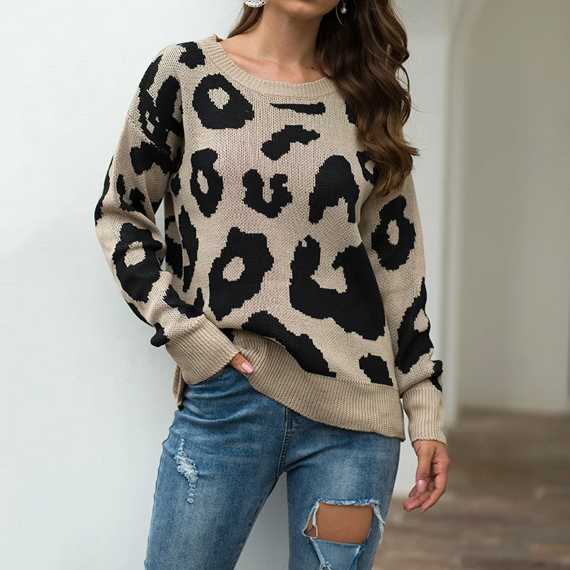 

Leopard Swester 2019 Autumn&Winter Leopard Ladies Caramel Sweater Round Neck Long-sleeved Loose Pullover Sweater