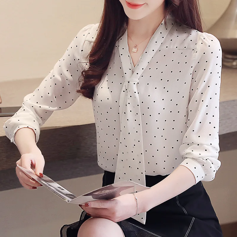 

Polka Dot Chiffon Shirt Women Long Sleeve Autumn Clothing 2019 New Style Elegant Ol Career White Shirt Ribbon Chiffon Shirt Tops