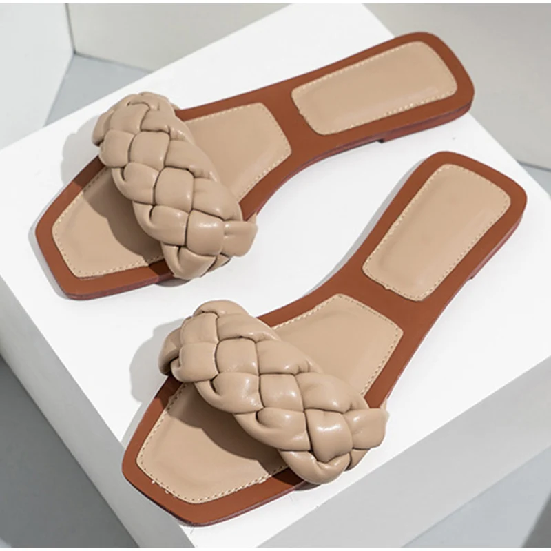 Zapatillas tejidas de moda para mujer, Sandalias planas informales con punta cuadrada, zapatos de playa exteriores de alta calidad, de talla grande, novedad de verano