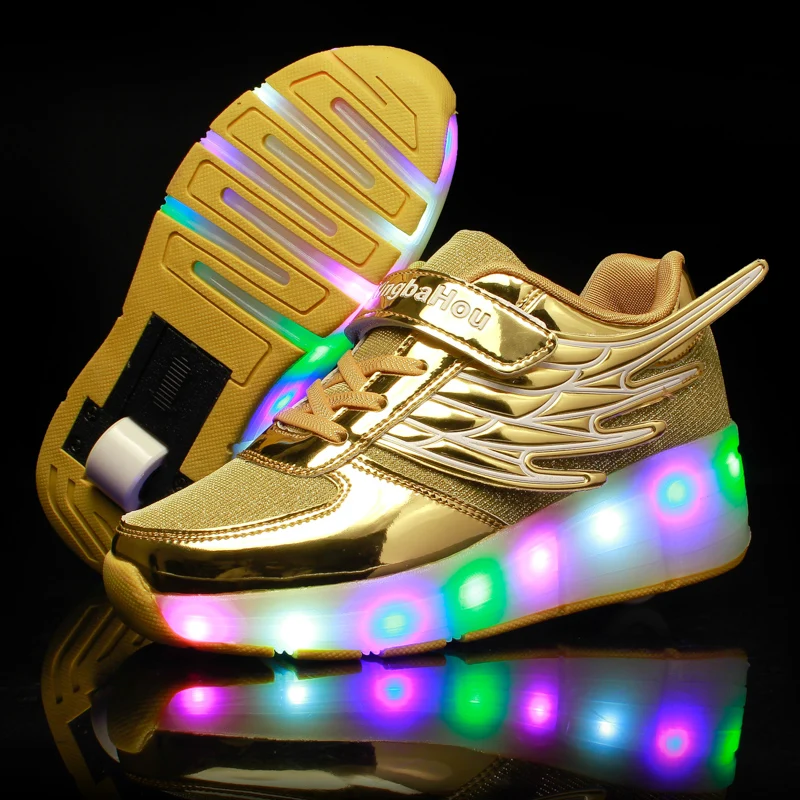 

New LED Heelys Shoes with Wing Automatic Lamp Flashing Sport Casual Shoes Kids Sneakers Fashion Breathable for Boys Girls PINK