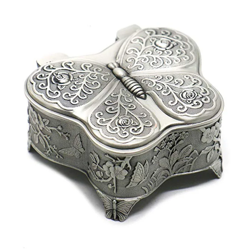 Retro Metal Rose Engraving Butterfly Jewelry Box Trinket Jewelry Storage Keepsake Box for Women