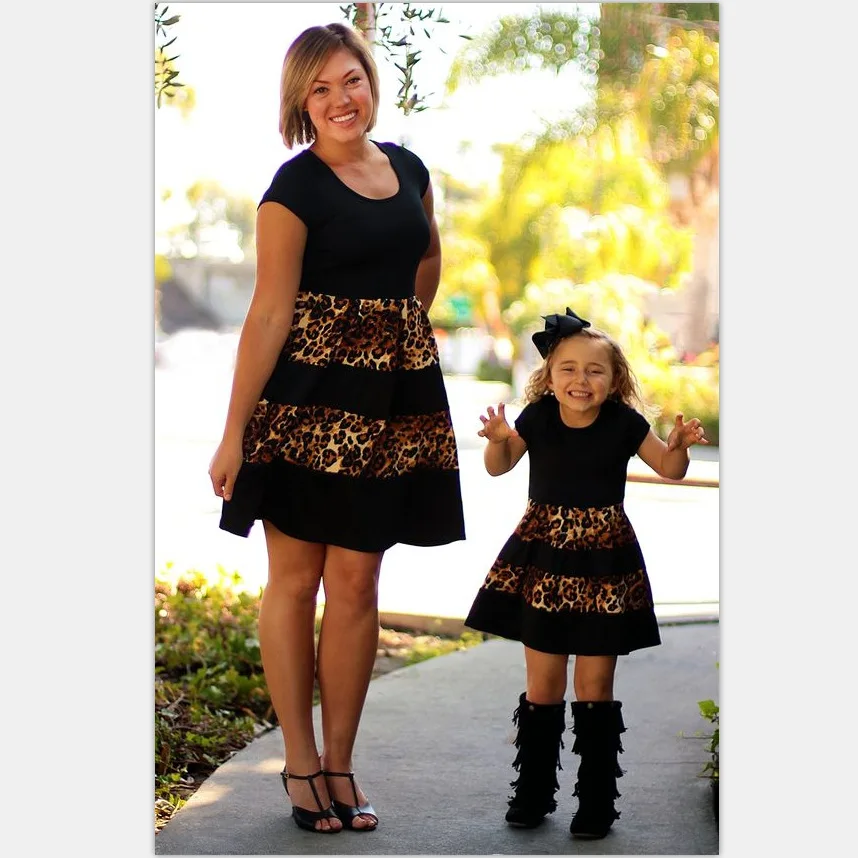 

Mommy Me Family Matching Mother Daughter Dresses Patchwork Leopard Print Mom Daughter Dress Kids Parent Child Outfits Vestidos