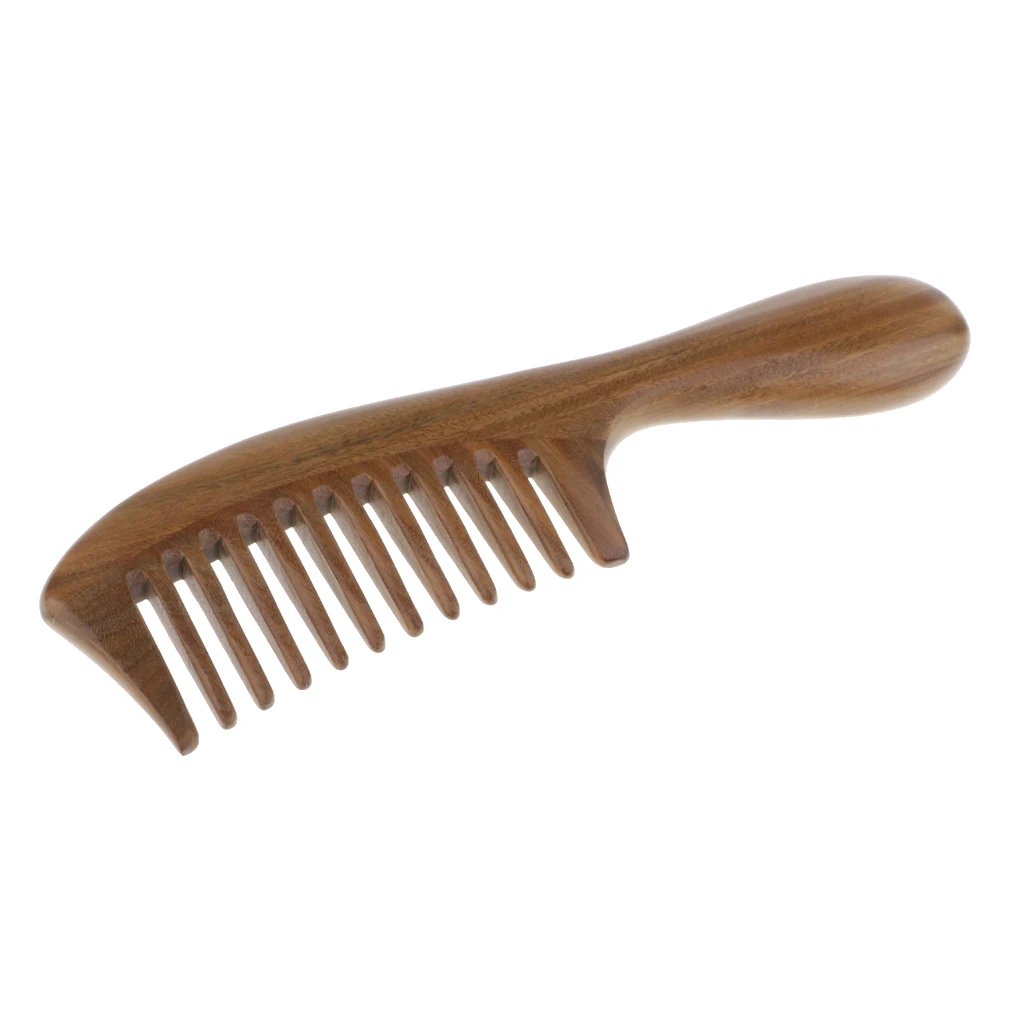 Natural Handmade Green Sandalwood Wooden Comb - NO TANGLE, NO STATIC (Short Handle - Wide Tooth)