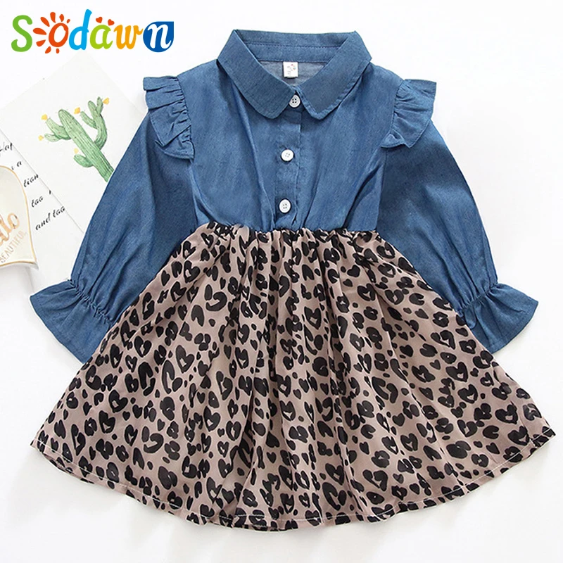 Sodawn Autumn Leopard Baby Girl Dress New Fashion Kids Clothes For Girl Long Sleeve Winter Patchwork Dresses Princess Dress