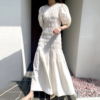 

Elegant Puff Sleeve White/Pink Long Dress Vestidos Female 2020 Slim Folded Big Hem Ladies Holiday Dress Vintage Summer Dress