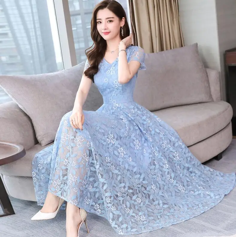 Elegant Sexy Lace Women Long Dress Summer new Casual Short Sleeve V-Neck Dress Solid color Hollow Out A-Line dress women's - Цвет: Синий