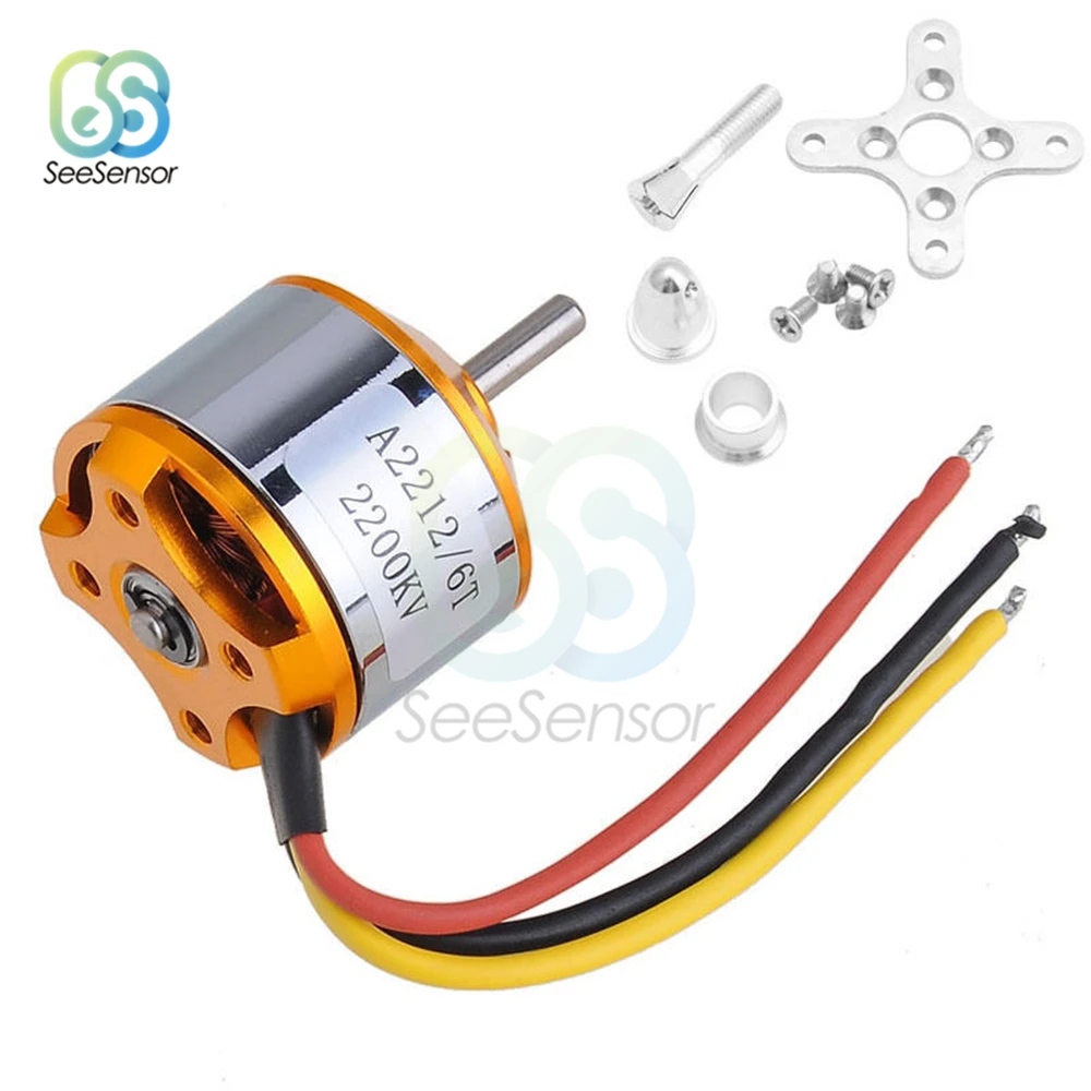 Moteur brushless A2212 2700KV pour drone FPV course, vue latérale montrant les aimants et le dissipateur thermique.