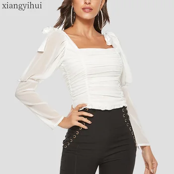

2020 New Korean Style Women Mesh Long Sleeve Shirt Female Bowknot Bandage Square Collar Blouse Short Black White Shirts Tops