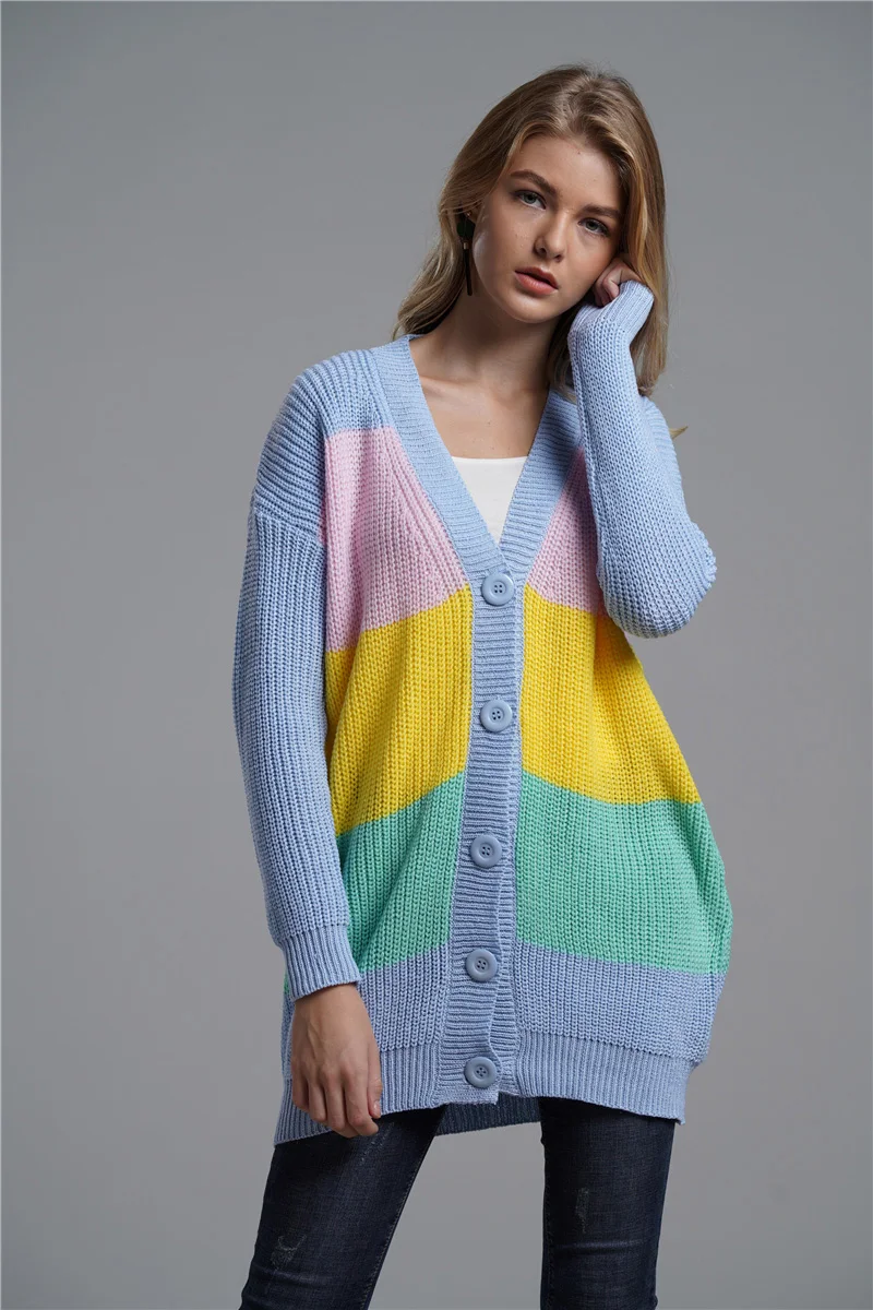 Fitshinling многоцветный лоскутный зимний длинный женский кардиган одежда тонкий Boho пуговицы кардиганы женские трикотажные куртки