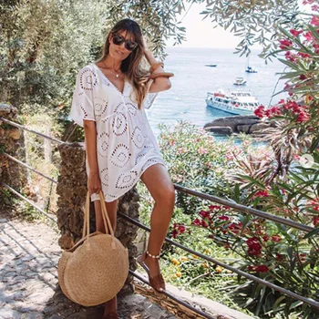 

Beach Dress Tunic Pareo Women Coverup Dresses Women's New Sexy Flowers Hollow Smock Bikini Set Female Solid Cotton