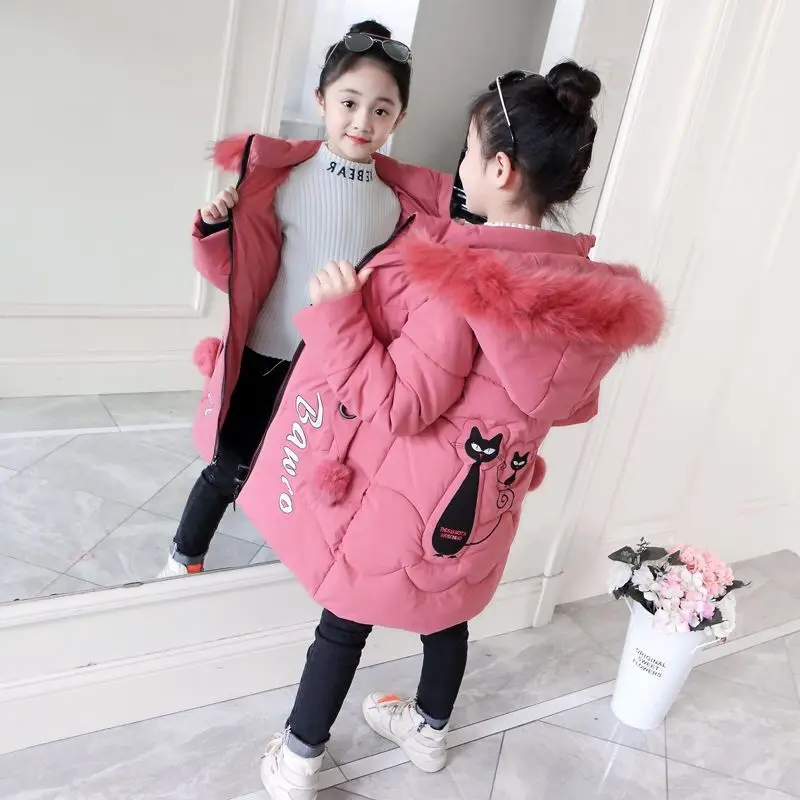 Пуховики для девочек; теплая верхняя одежда для малышей; плотные пальто; Детские Зимние куртки; детская зимняя верхняя одежда с вышивкой и героями мультфильмов - Цвет: cat pink