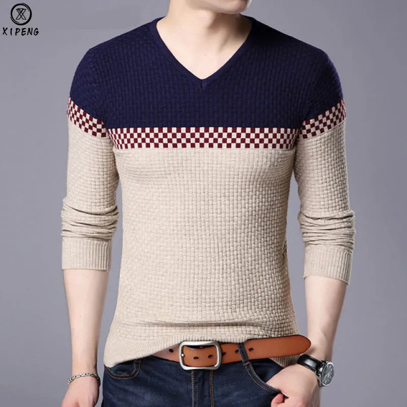 

Sweater Men 2019 New Arrival Casual Pullover Men Autumn V Neck Patchwork High Quality Knitted Brand Male Sweaters