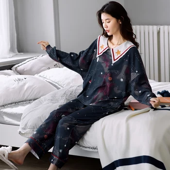 

Autumn Winter lapel Cotton Pajamas Sets Carton Women Long Sleeve Sleepwear Suit Cute Big Girls Homewear Female Sleepwear