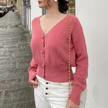 Вязаный кардиган с v-образным вырезом и лепестками, однотонный однобортный вязаный свитер, вязаная куртка