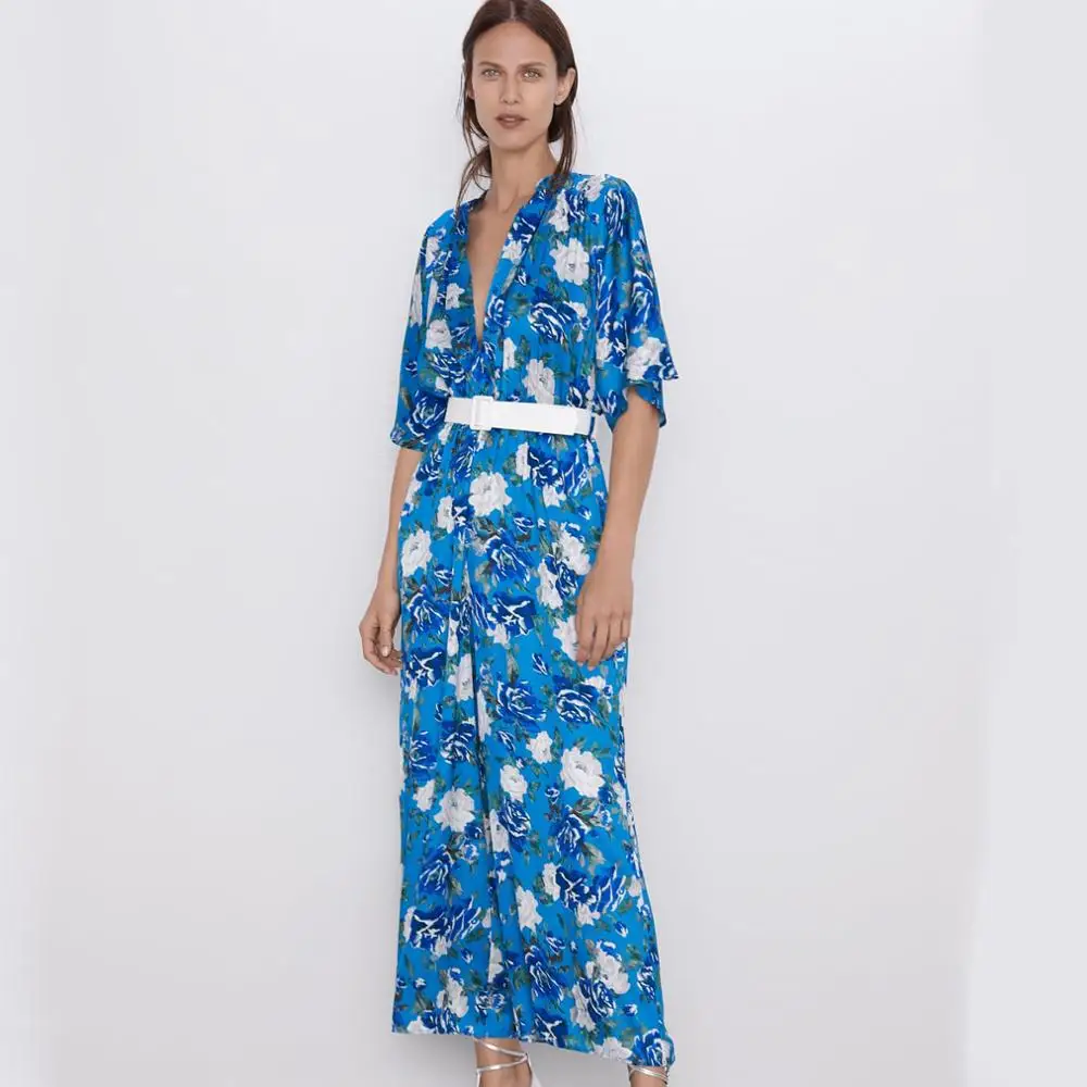 

Fashion Elegant Loose Jumpsuits for Women 2019 Early Autumn Trendy Vintage Casual Blue Printing V-Neck Sexy Women Clothing