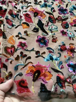 

(5yards/pc) High quality translucent African velvet lace fabric with colorful flowers pattern soft for party dress VBL044