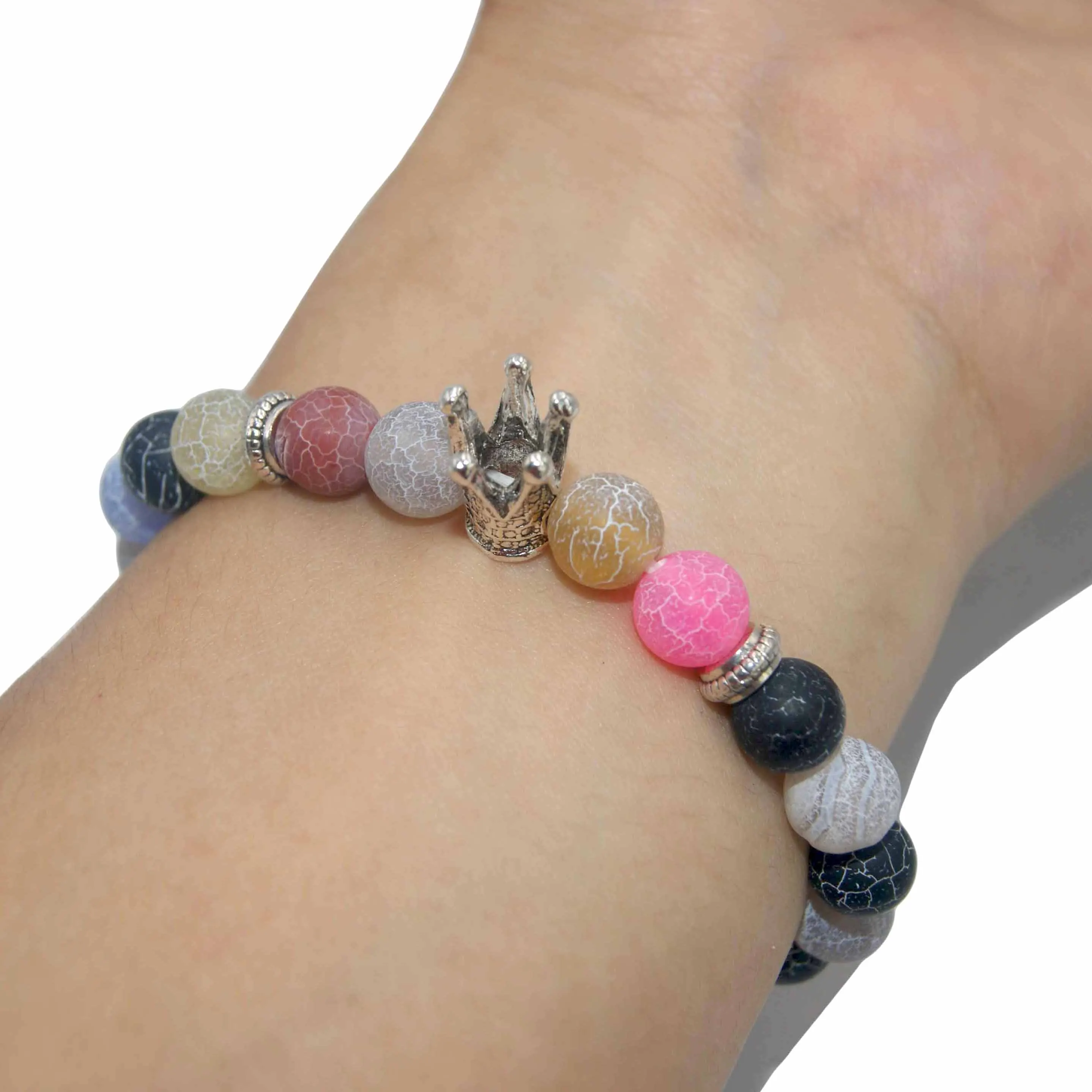 Colorful agate Натуральный камень Серебристая Корона Браслет Лазурит Агаты тигровый глаз камень Бусины Йога браслет ювелирные изделия для мужчин женщин друг подарок - Окраска металла: Colorful agate