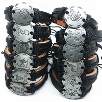 MixMax 12pcs/lot Mix 12 constellations Handmade Cuff Leather Bracelets for Men Women Bangles Wristbands Wholesale dropshipping 1