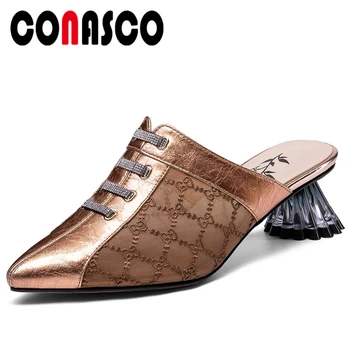 

CONASCO Genuine Leather New Women Sandals Fashion Elegant Slippers Wedding Casual Narrow Band Mesh Mules High Heels Shoes Woman