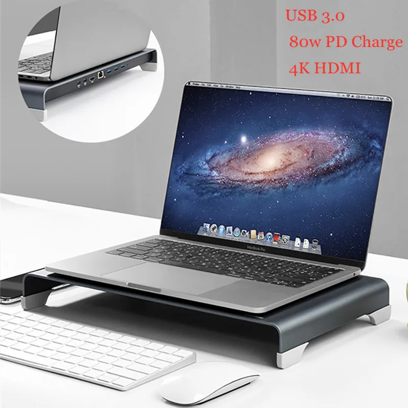 Monitor Laptop Stand USB 3.0 80w PD Charge Base Wireless Charge 4K Aluminum Monitor Stand Home Office Storage Stand