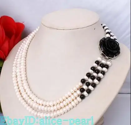 

Luck Jewelry Women Wedding Pearl Necklace Fashion 3 Strands White Freshwater Pearl Black Agates Resin Flower Necklace