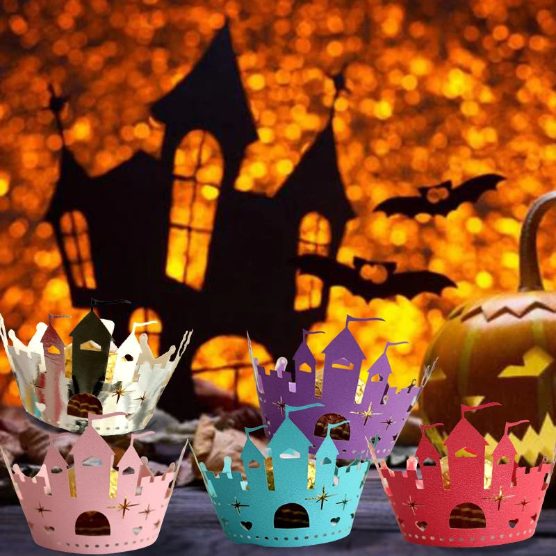

50pcs Halloween Castle Laser Cut Cupcake Liners Party Cupcake Wrapper DIY Wedding Baby Shower Muffin Case Trays Cake Tools Decor
