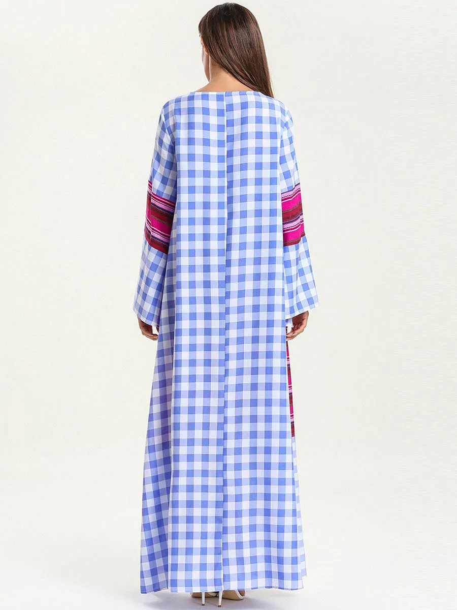 7589 платье большого размера мусульманский Средний Восток стиль цельный принт плед Повседневные длинные юбки