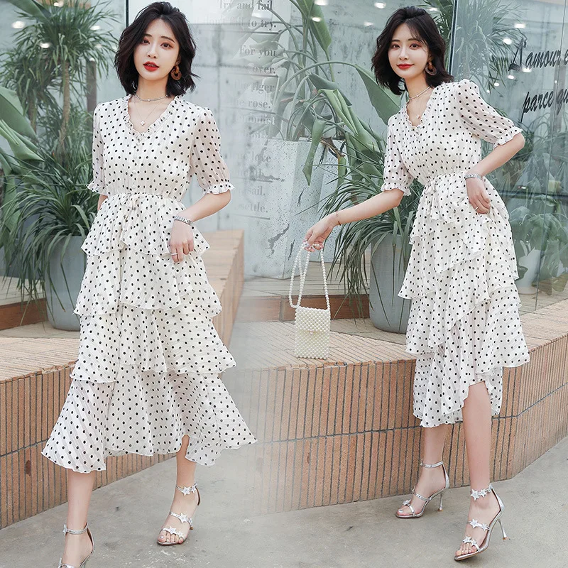 

V-neck Polka Dot Dress Women's Mid-length 2019 New Style Summer Korean-style Fashion Elegant High-waisted Slimming Cake Dress