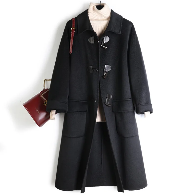 

Abrigos Mujer Invierno 2020 Turn-down Collar Horn Button Wide-waisted Pockets Wool Womens Winter Clothing black outwear