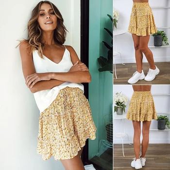 

Floral Printed Casual Polyester Party High Waist A Line Mini Beach Sexy Fashion Falbala Short Flower Women Skirt