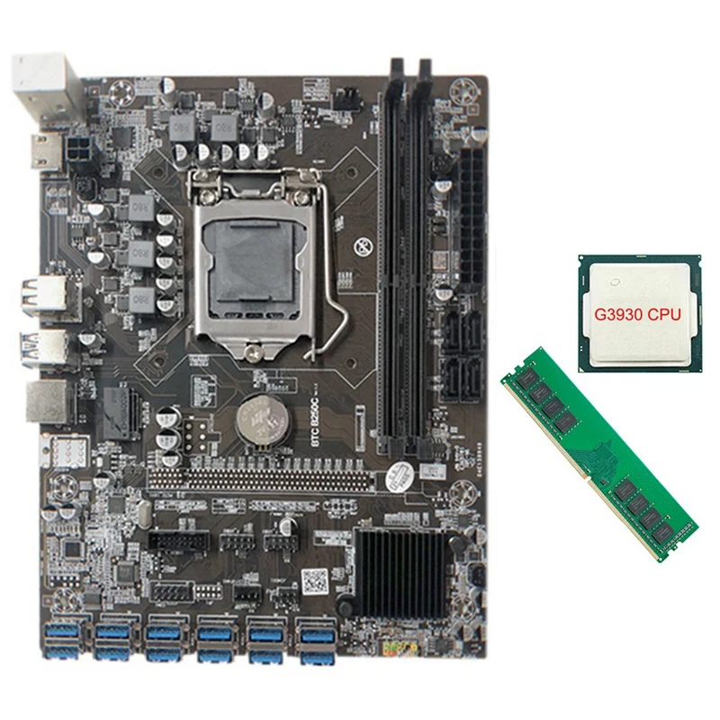 Материнская плата для майнинга B250C с процессором G3930 + 1XDDR4 4G 2666 МГц ОЗУ 12xpcie на USB3.0