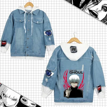 

Tokyo Ghoul Kaneki Ken Jean Jacket Long Sleeve Hoodie Sweatshirts Cosplay Costume Unisex Denim Jackets Fashion Frayed Hoodies