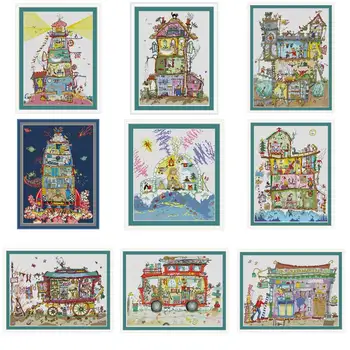 

Lighthouse Christmas house cartoon patterns Counted Cross Stitch 11CT 14CT 18CT DIY Cross Stitch Kits Embroidery Needlework Sets