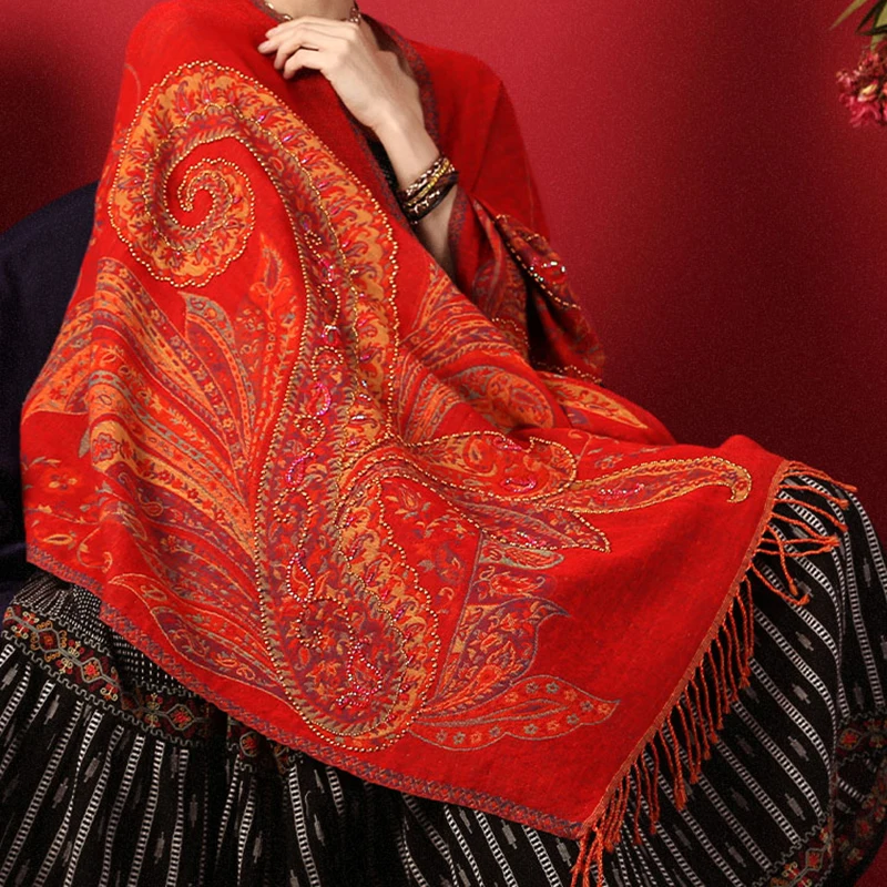 

Embroidery Pashmina Mujer Bufanda Women High Quality Shawls Bufanda Autumn Winter Thick Cachecol Feminino Wool Blend Wrap