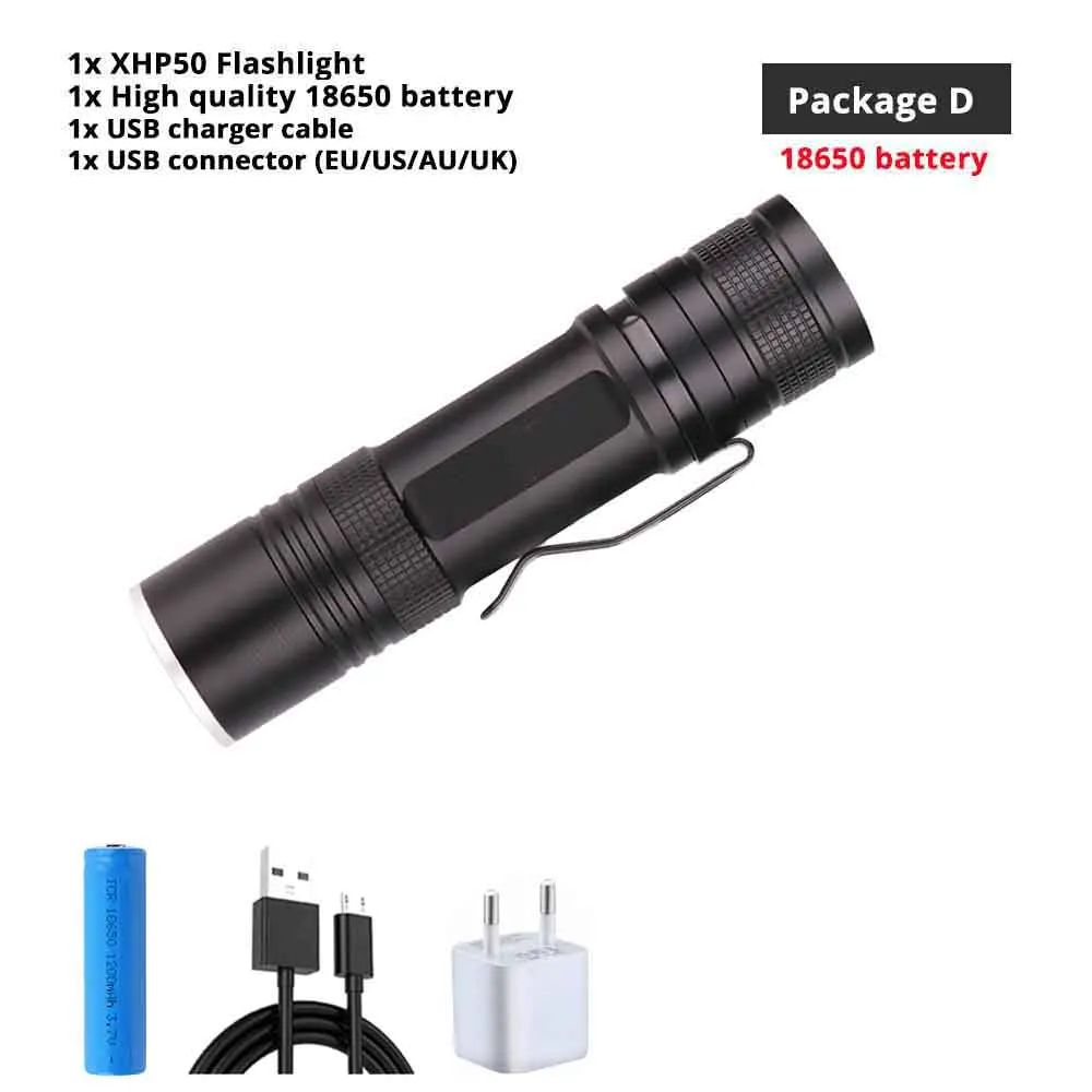 Package D-18650 Powerful XHP50 LED Flashlight USB Charging 3 Lighting Mode Waterproof Tactical Torch Support Zoom Using 18650 or 26650 Battery - Испускаемый цвет: Package D-18650