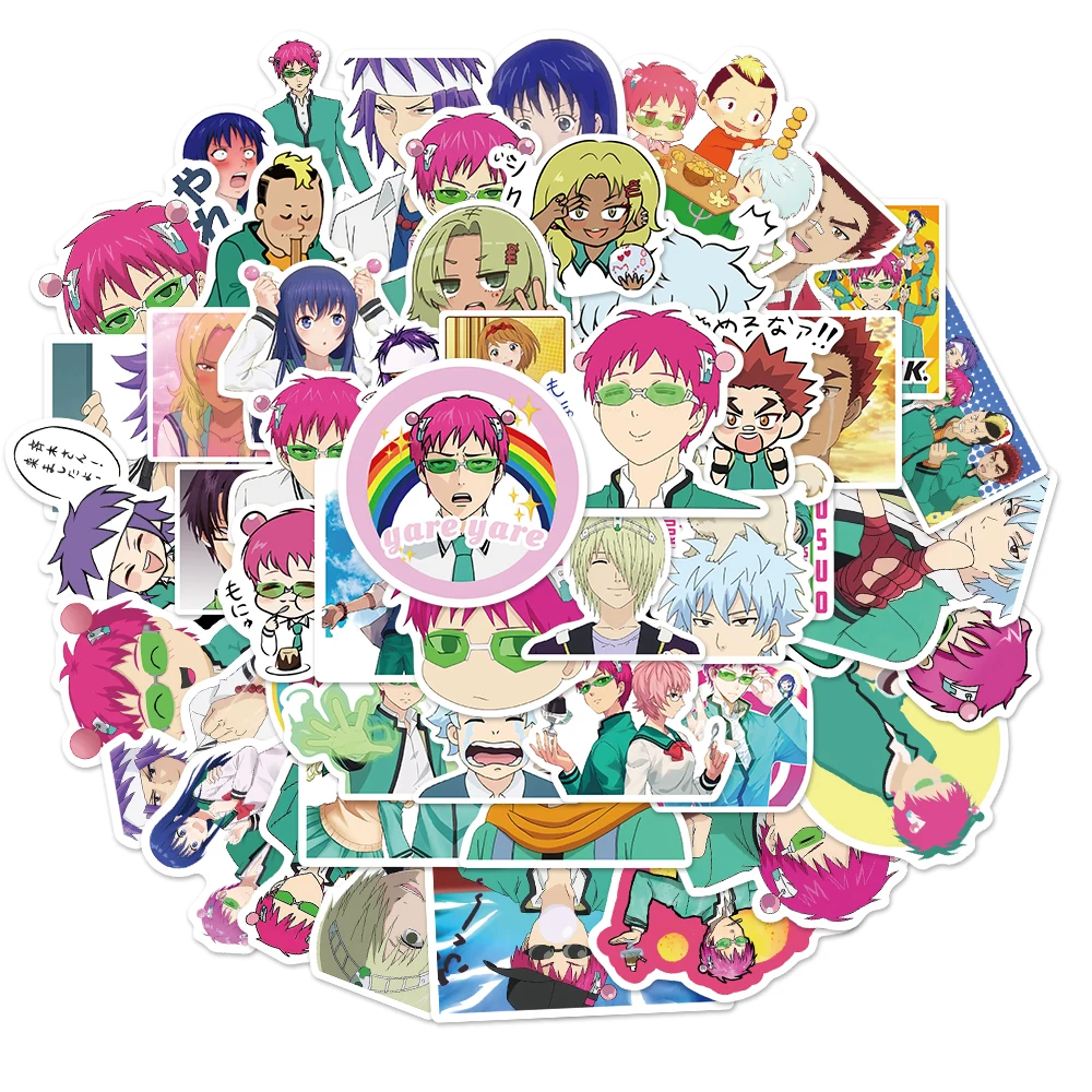 50Pcs Anime Saiki K 2 스티커 데칼의 비참한 삶 Saiki Kusuo 스티커 노트북 스케이트 보드 오토바이 키즈 완구