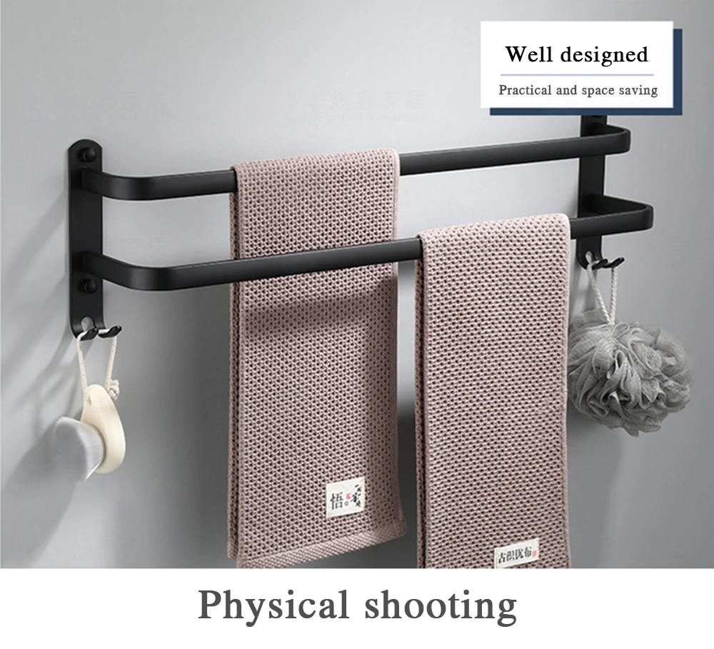 Bathroom Towel Rack 30-60CM Wall Mounted Shower Room Holder Kitchen Aluminum Multilayer Layer Wiht Hook Black Hanger Accessories