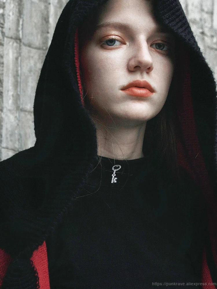 PUNK RAVE Girl's Gothic Bats Patten Hooded Knitted Long Cardigans Women Coats Personality Casual Knit Sweater