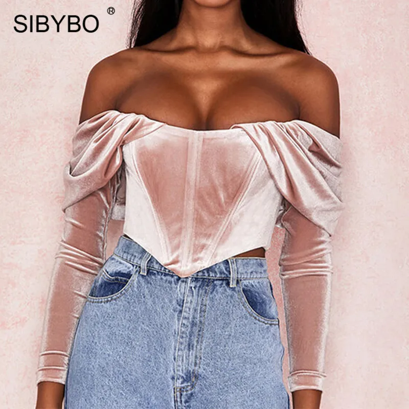 SIBYBO бархатные сексуальные топы с открытыми плечами для женщин, летняя футболка без бретелек с длинным рукавом, женские топы с открытой спиной