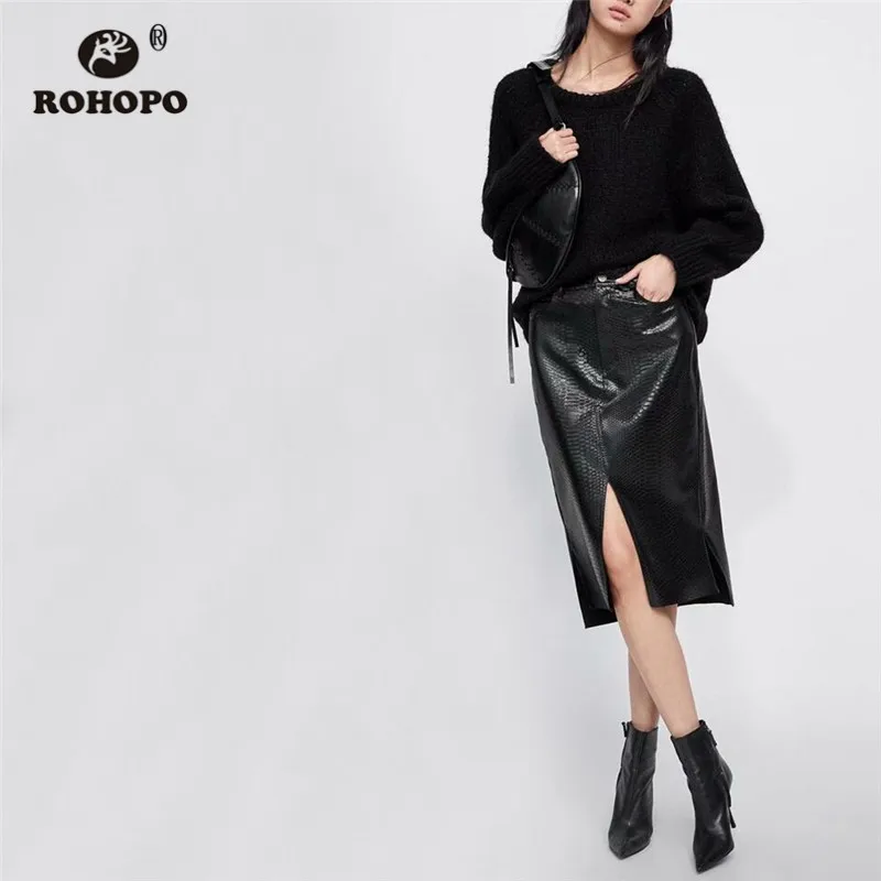 

ROHOPO High Waist PU Leather Crocodile Pattern Black Midi Skirt Button Waist Front Slip Hem Ladies Pencil Leather Falda #1839